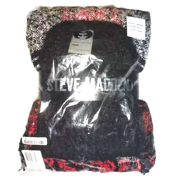 Steve Madden Ribbed Beanie + Brushed Plaid Scarf Set One Size Black + Red SOFT - Picture 6 of 9